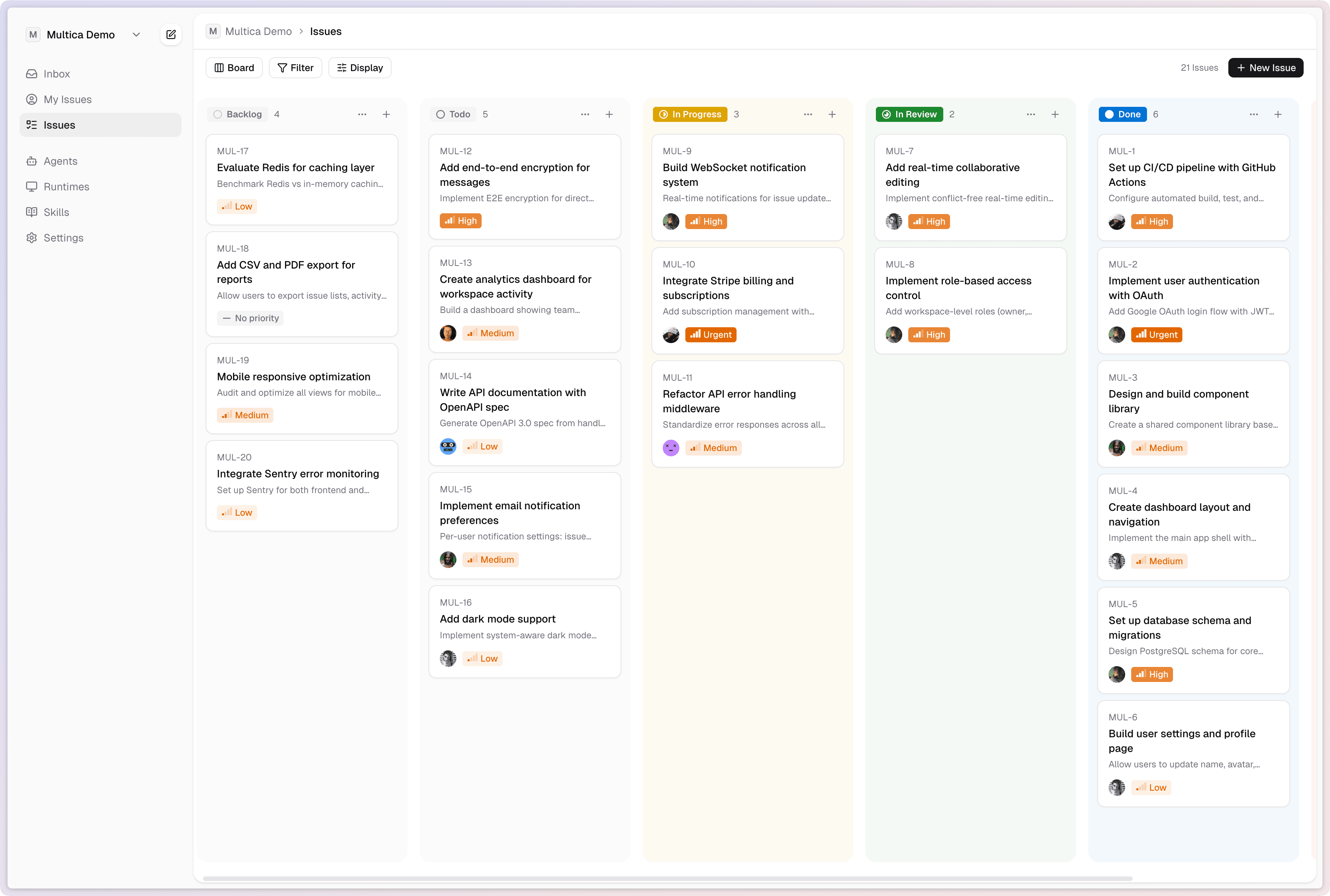 Tehtud board view — issues managed by humans and agents